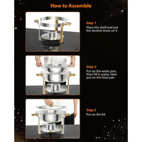 Garvee Chafing Dish for Buffet 6 Pack, 5QT Round Chafing Dishes Buffet Set w/Lid Holder, Stainless Steel Chafers and Food Warmers with Spoon and Tweezers for Parties, Weddings, Events, Banquet, Gold