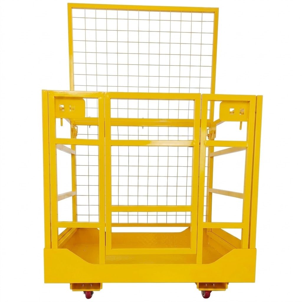 Garvee Cage de sécurité pour chariot élévateur en acier robuste, nacelle de sécurité pour chariot élévateur 43x45 po, capacité de 1800 lb, harnais de sécurité et verrou, plate-forme aérienne pliable 2 personnes
