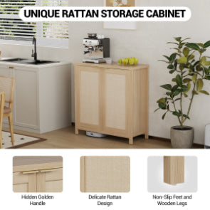 Garvee Rattan Sideboard Buffet Cabinet – Adjustable Shelves – Farmhouse Wood Storage Console with Metal Handle – Entryway, Hallway, Living or Dining Room – Natural Finish
