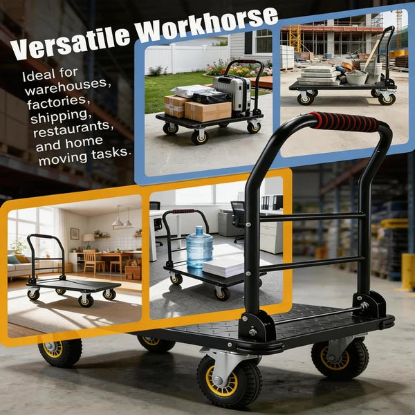 Garvee Heavy Duty Platform Truck Cart, Steel Flatbed Dolly with 6" Swivel Wheels and Brakes, Foldable Hand Truck for Warehouse, Garage, Shipping, 36"x24", Black