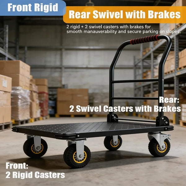 Garvee Heavy Duty Platform Truck Cart, Steel Flatbed Dolly with 6" Swivel Wheels and Brakes, Foldable Hand Truck for Warehouse, Garage, Shipping, 36"x24", Black