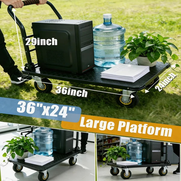 Garvee Heavy Duty Platform Truck Cart, Steel Flatbed Dolly with 6" Swivel Wheels and Brakes, Foldable Hand Truck for Warehouse, Garage, Shipping, 36"x24", Black