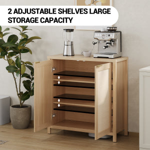 Garvee Rattan Sideboard Buffet Cabinet – Adjustable Shelves – Farmhouse Wood Storage Console with Metal Handle – Entryway, Hallway, Living or Dining Room – Natural Finish