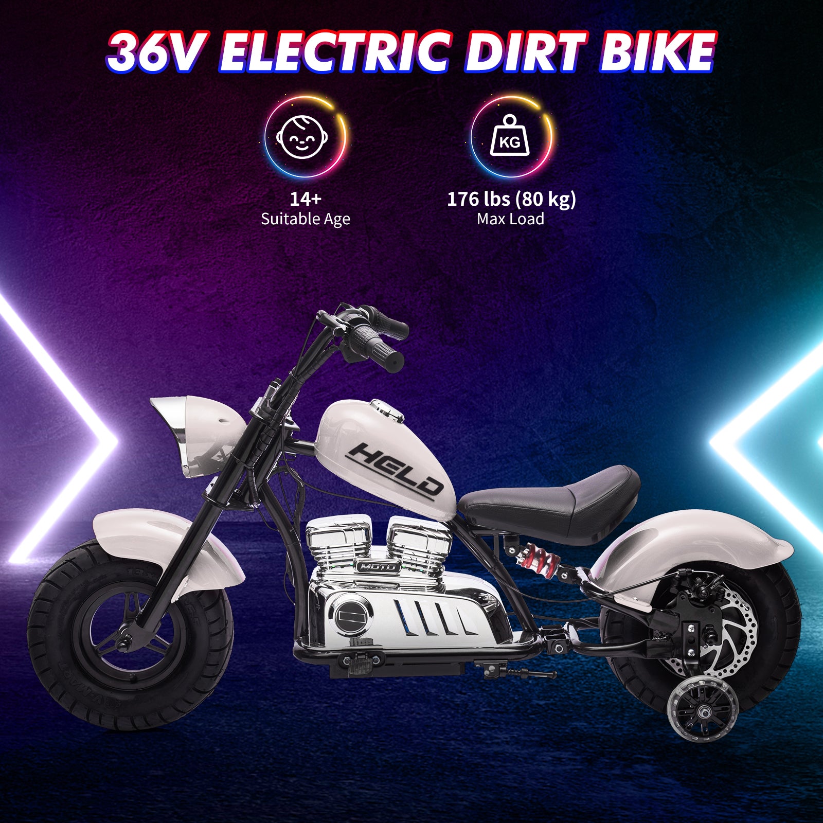 Garvee 36V Kids Electric Dirt Bike With 2 Training Wheels For Ages 14+, 350W Brushless Motor, White