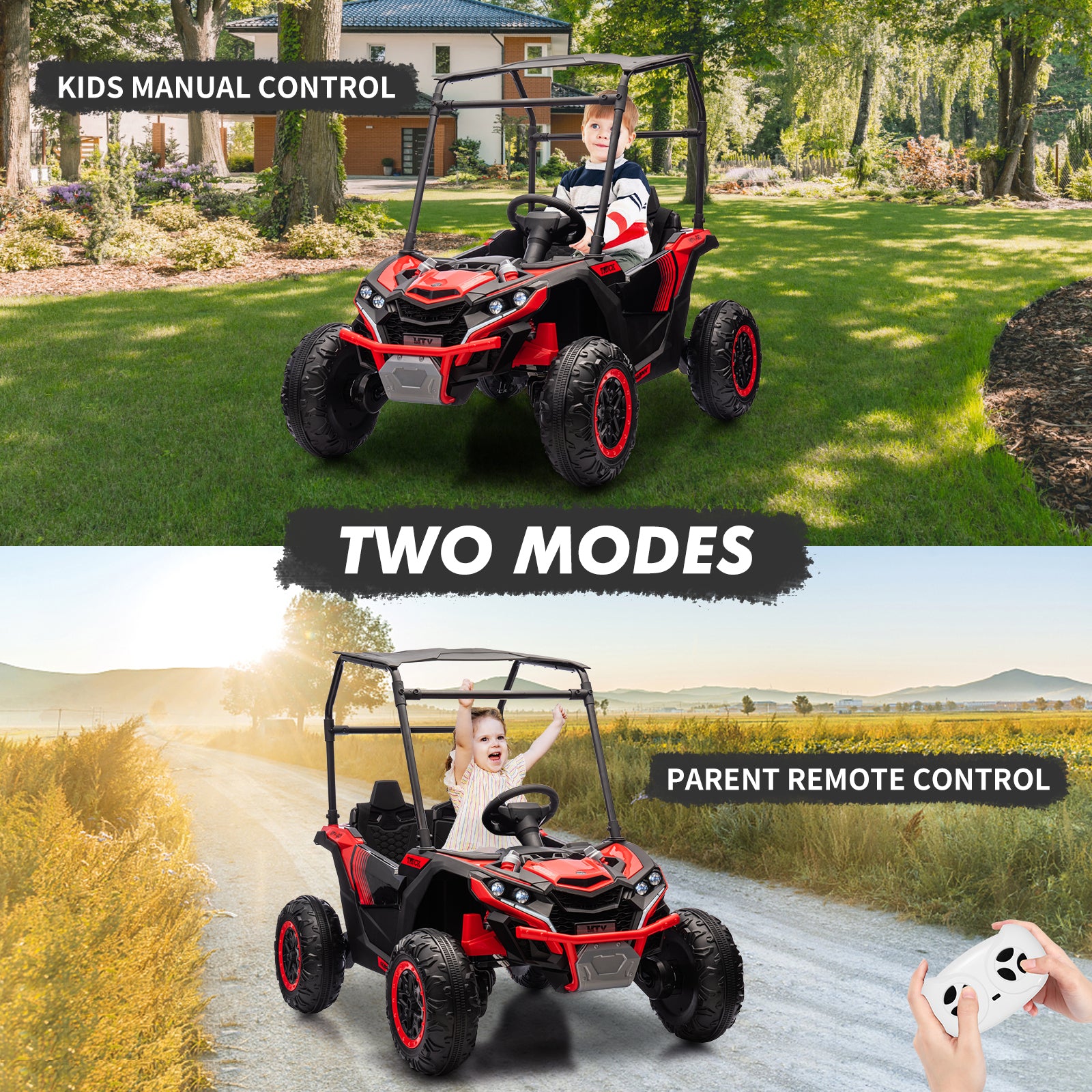 Garvee 24V Ride On Utv for Kids, 2 Seater Electric Truck With Sun Shade,4WD Electric Car Toy With Remote Control, Led Lights, 4 Shock Absorbersm,One Click Start, Music Player - Red