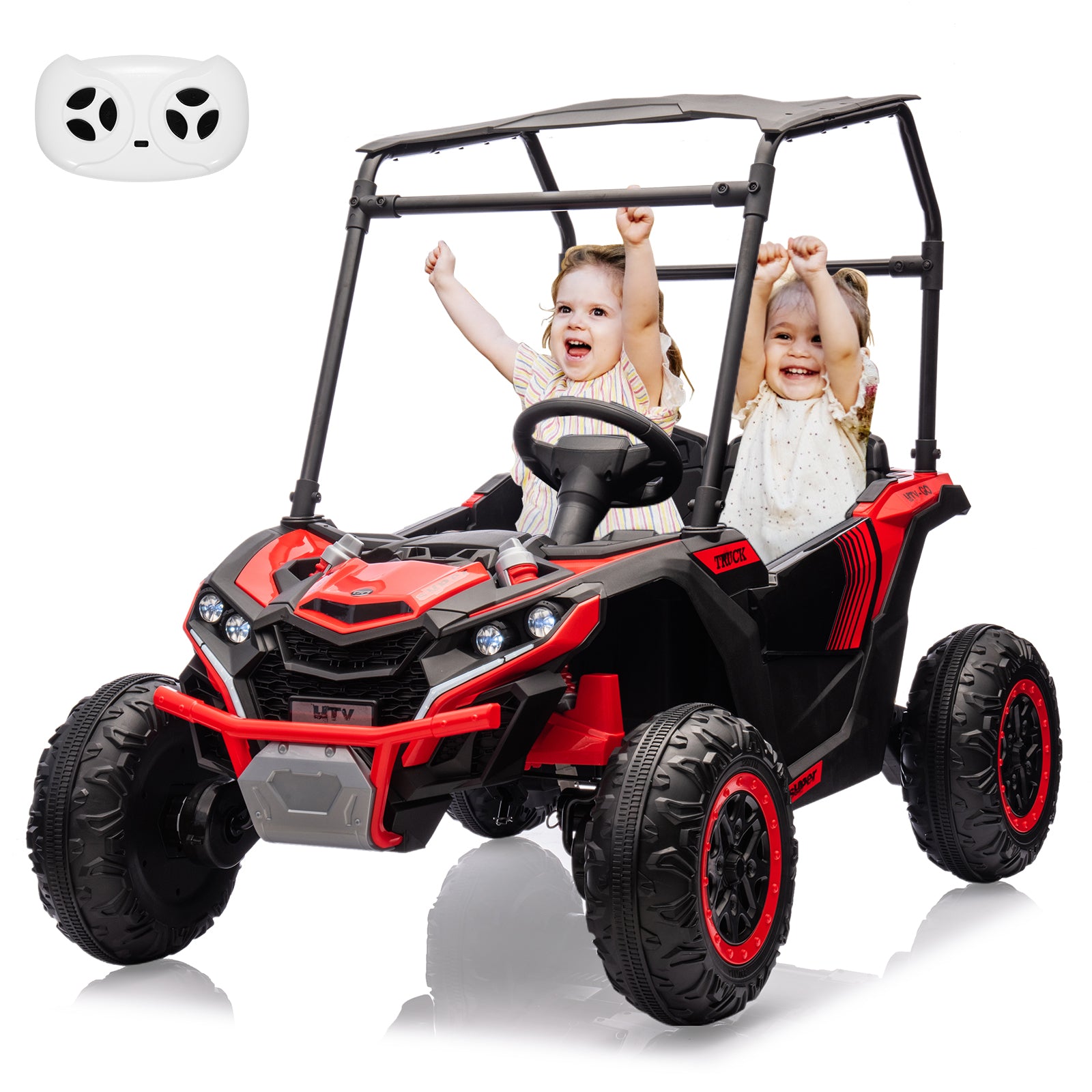 Garvee 24V Ride On Utv for Kids, 2 Seater Electric Truck With Sun Shade,4WD Electric Car Toy With Remote Control, Led Lights, 4 Shock Absorbersm,One Click Start, Music Player - Red