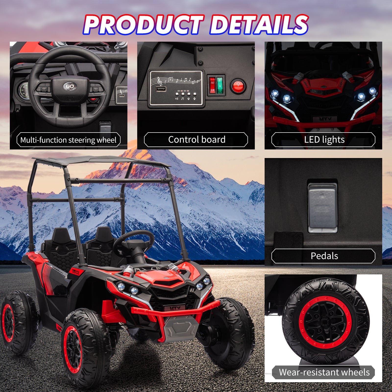 Garvee 24V Ride On Utv for Kids, 2 Seater Electric Truck With Sun Shade,4WD Electric Car Toy With Remote Control, Led Lights, 4 Shock Absorbersm,One Click Start, Music Player - Red