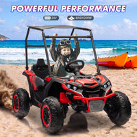 Garvee 24V Ride On Utv for Kids, 2 Seater Electric Truck With Sun Shade,4WD Electric Car Toy With Remote Control, Led Lights, 4 Shock Absorbersm,One Click Start, Music Player - Red