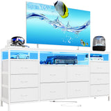 Garvee 63.3 Inch Dresser for Bedroom, 10 Drawer Dresser TV Stand for 65-75" TV, Fabric Chest of Drawers with Led Lights & Power Outlets, Long Entertainment Center for Closet, Living Room, White - White