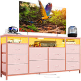 Garvee 63.3" Wide Dresser for 65-75" TV, 10 Drawer Dresser TV Stand  Fabric Chest of Drawers with Led Lights & Power Outlets, Long Entertainment Center for Bedroom, Living Room, Pink - Pink