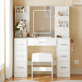 Garvee 43.3'' Vanity Desk Stool Set, Modern Makeup Table with Lighted Mirror, Power Outlet, 7 Drawers, 4 Open Shelves, White - White
