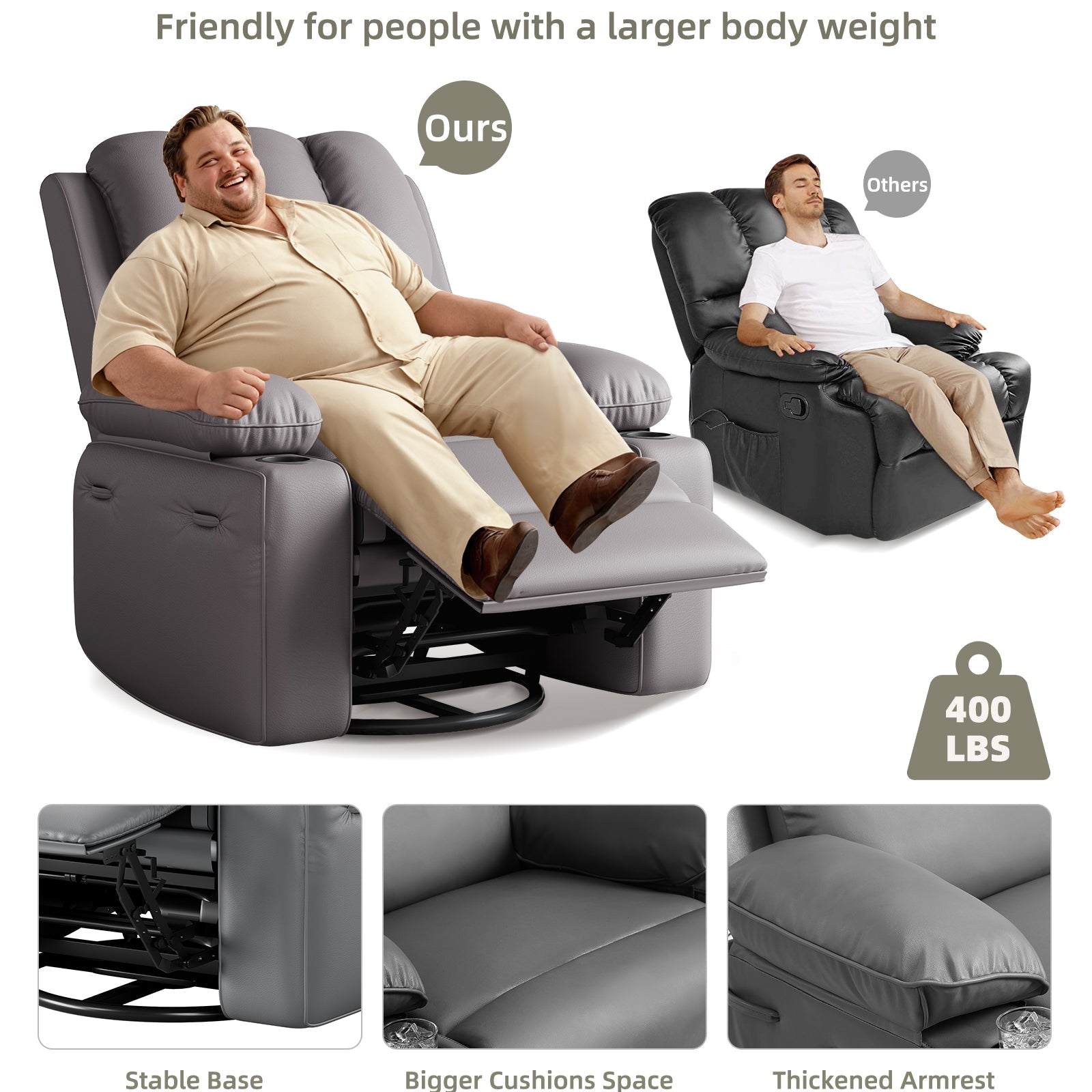 Fauteuil inclinable surdimensionné Garvee avec chauffage et massage, pivotant à 306°, inclinable manuel, cuir PU, porte-gobelet, pour salons et chambres de bébé, gris