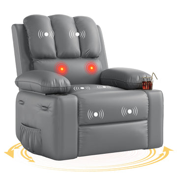Fauteuil inclinable surdimensionné Garvee avec chauffage et massage, pivotant à 306°, inclinable manuel, cuir PU, porte-gobelet, pour salons et chambres de bébé, gris