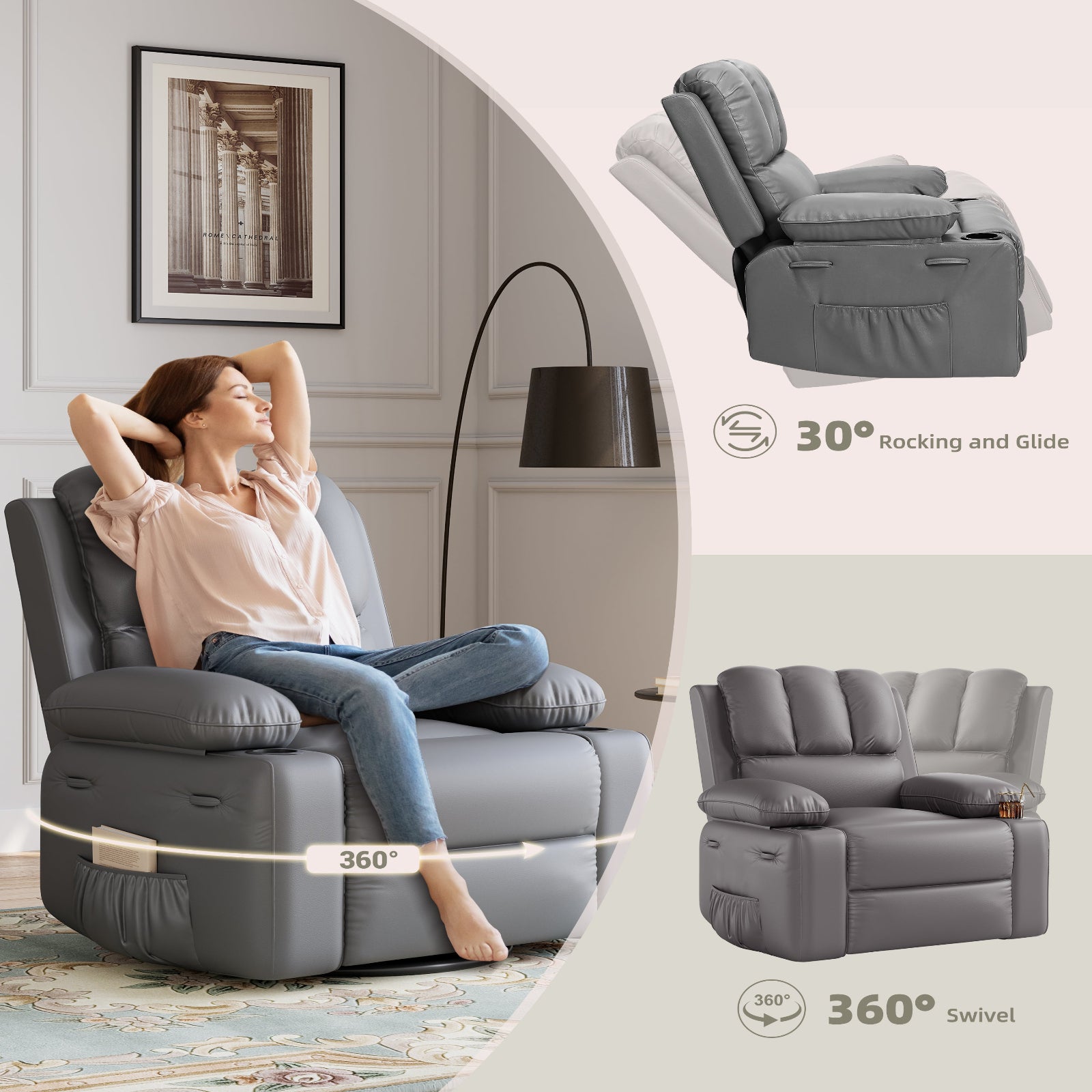 Fauteuil inclinable surdimensionné Garvee avec chauffage et massage, pivotant à 306°, inclinable manuel, cuir PU, porte-gobelet, pour salons et chambres de bébé, gris