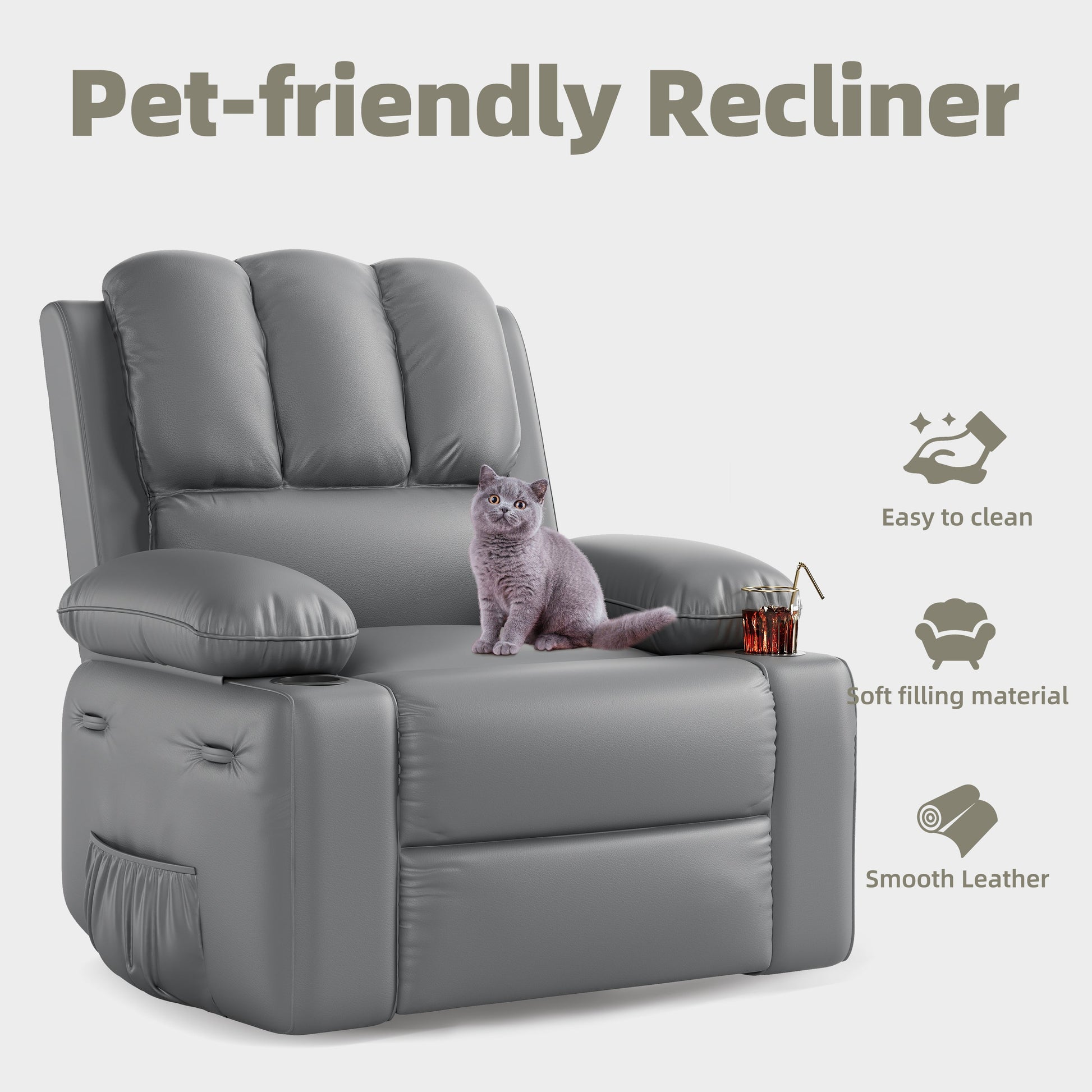 Fauteuil inclinable surdimensionné Garvee avec chauffage et massage, pivotant à 306°, inclinable manuel, cuir PU, porte-gobelet, pour salons et chambres de bébé, gris