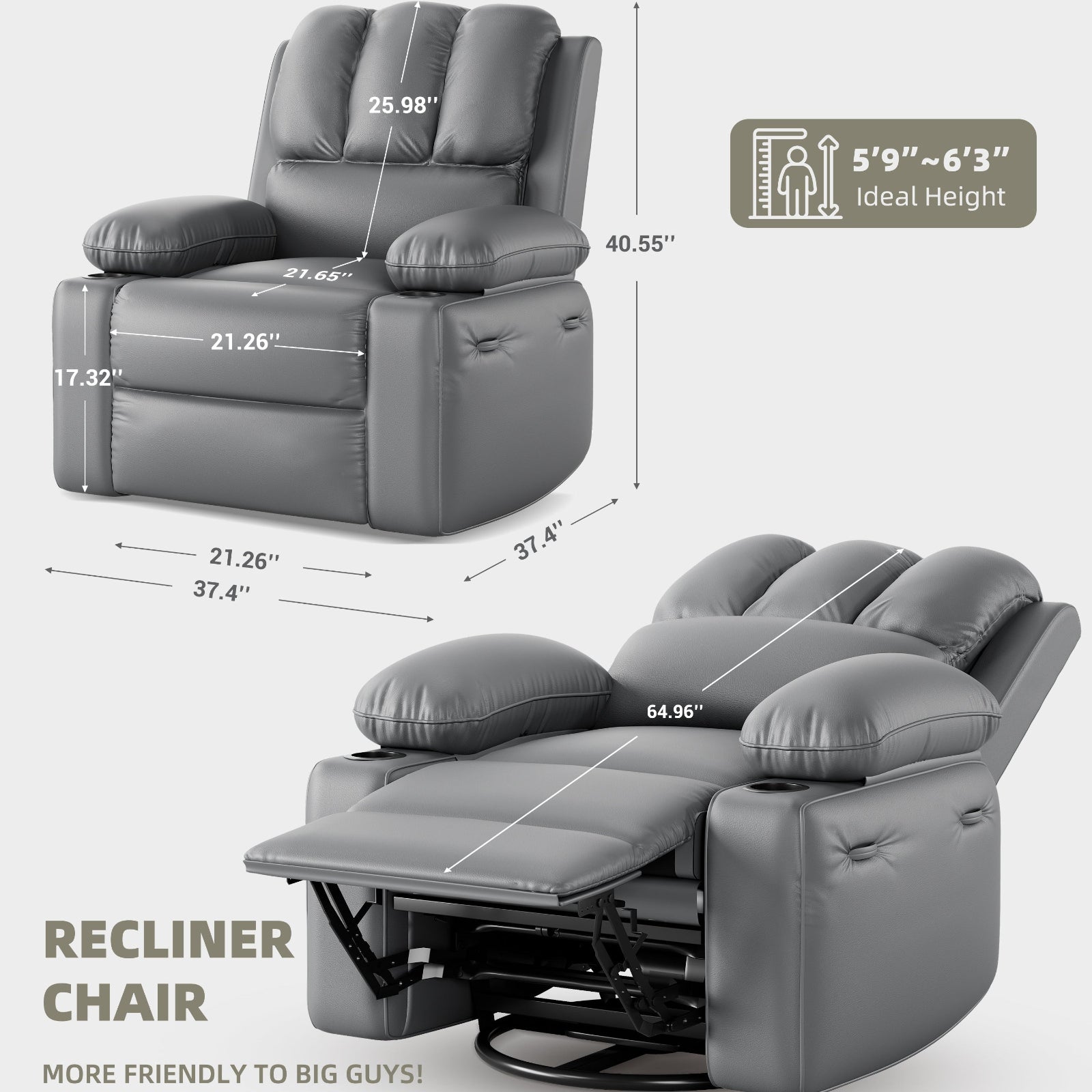 Fauteuil inclinable surdimensionné Garvee avec chauffage et massage, pivotant à 306°, inclinable manuel, cuir PU, porte-gobelet, pour salons et chambres de bébé, gris