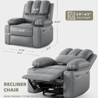 Fauteuil inclinable surdimensionné Garvee avec chauffage et massage, pivotant à 306°, inclinable manuel, cuir PU, porte-gobelet, pour salons et chambres de bébé, gris