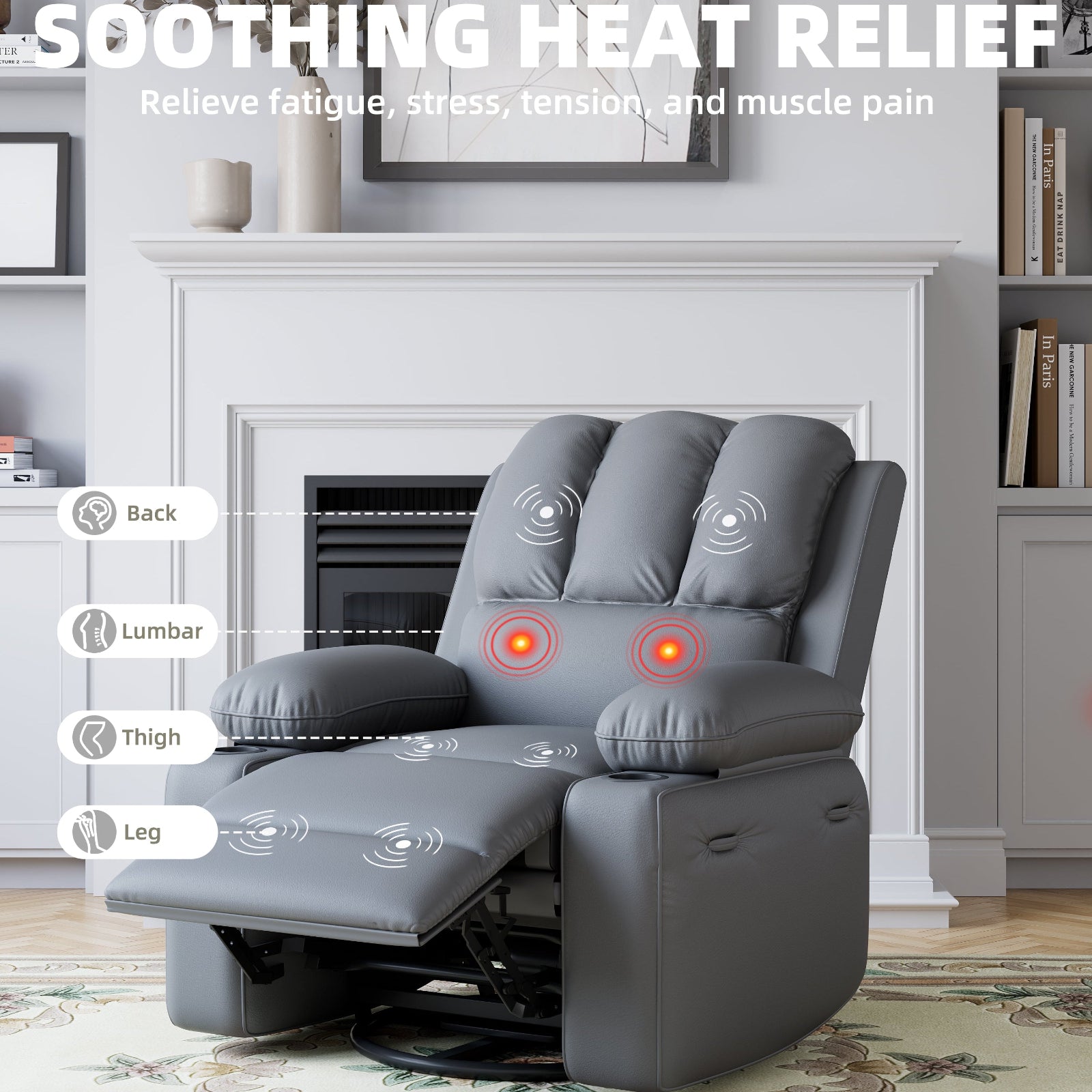 Fauteuil inclinable surdimensionné Garvee avec chauffage et massage, pivotant à 306°, inclinable manuel, cuir PU, porte-gobelet, pour salons et chambres de bébé, gris