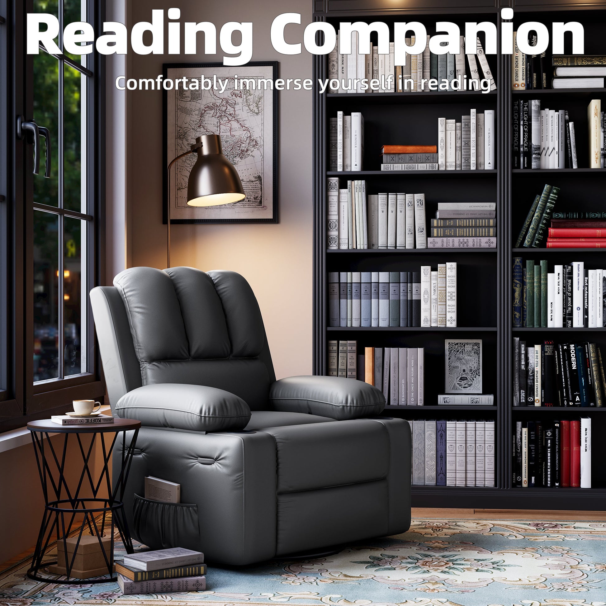Fauteuil inclinable surdimensionné Garvee avec chauffage et massage, pivotant à 306°, inclinable manuel, cuir PU, porte-gobelet, pour salons et chambres de bébé, gris