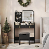 Garvee Small Vanity Desk, Makeup Table with Lighted Mirror and Charging Station, Modern Vanity Table Set with Storage Drawers, Open Shelves and Storage Stool, Ideal for Girls Women, Black - Black