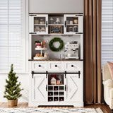 Garvee 72" Coffee Bar Cabinet with Sliding Barn Door, Large Kitchen Pantry Hutch, Tall White Buffet Cabinet, 3 Drawers, Wine & Glasses Rack for Living Dining Room