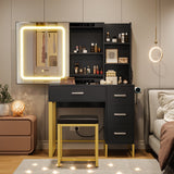 Garvee Black Vanity Desk with Mirror and Lights, Makeup Vanity Desk with Sliding LED Lighted Mirror, Power Outlet, Makeup Vanity Set with 4 Drawers, Storage Shelves, Cushioned Stool for Bedroom - Black