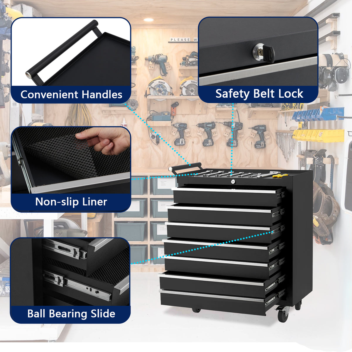 Garvee 7-Drawer Metal Rolling Tool Chest with Wheels,Heavy Duty Tool Storage Cabinet with Locking System,Toolbox with Wheels for Garage, Warehouse, Workshop, Repair Shop