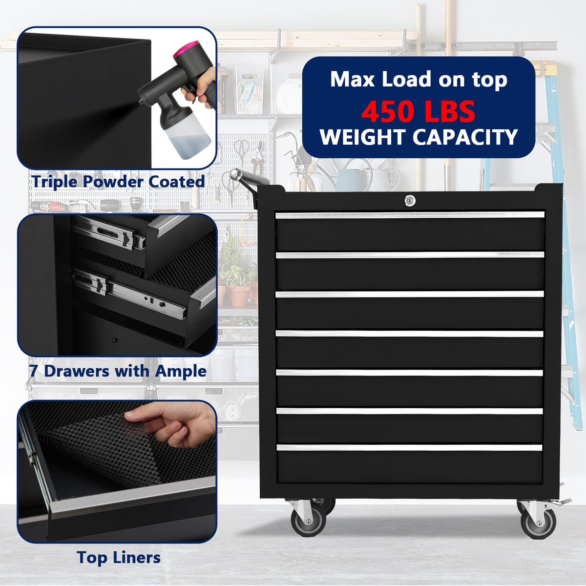 Garvee 7-Drawer Metal Rolling Tool Chest with Wheels,Heavy Duty Tool Storage Cabinet with Locking System,Toolbox with Wheels for Garage, Warehouse, Workshop, Repair Shop