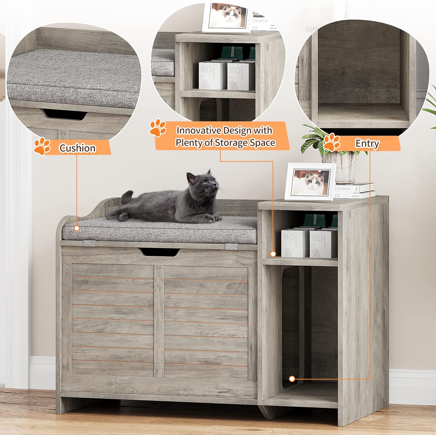 Garvee Cat Litter Box Enclosure with Cushion, Hidden Cat Litter Box Furniture, Cat Litter Box Furniture with Top Opening, Flip Top Litter Box Enclosure Cat House, Grey