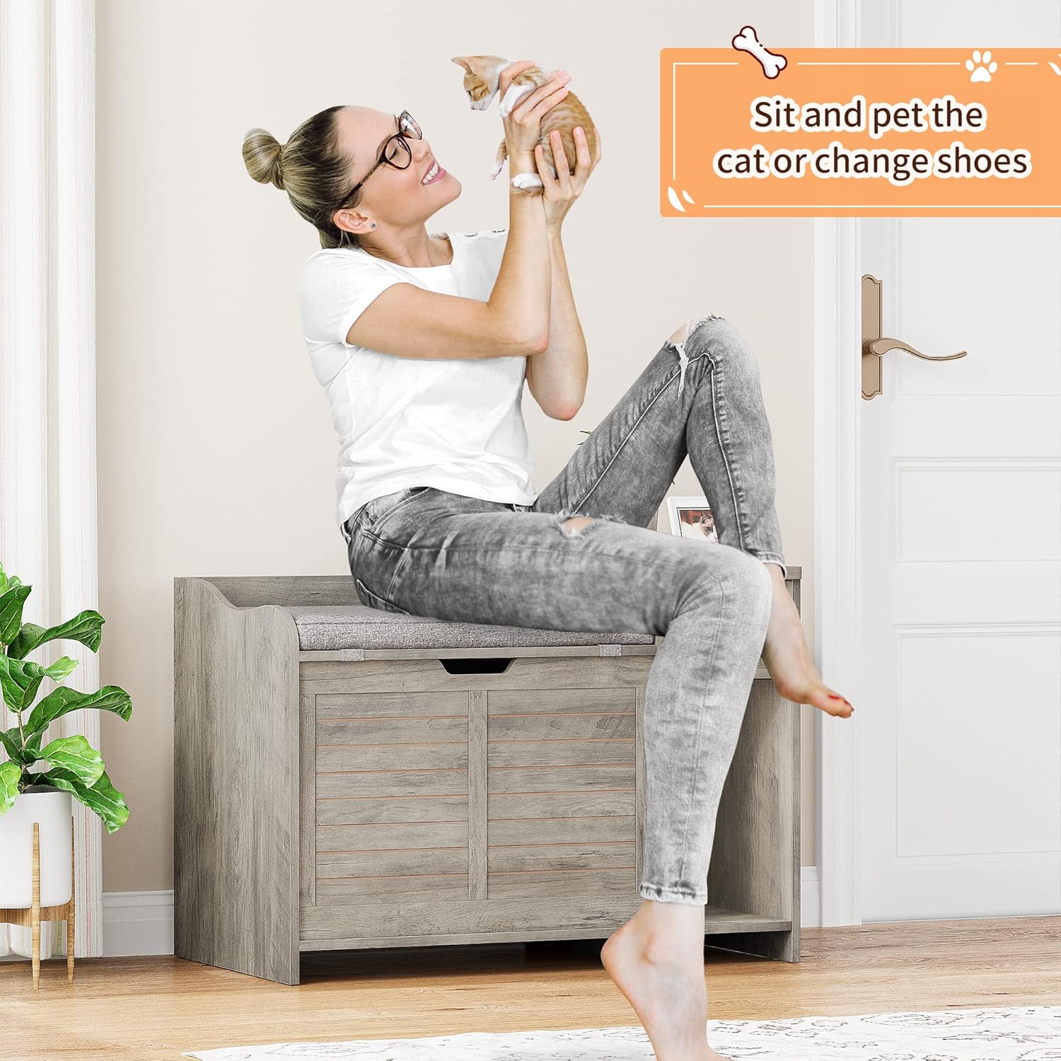 Garvee Cat Litter Box Enclosure with Cushion, Hidden Cat Litter Box Furniture, Cat Litter Box Furniture with Top Opening, Flip Top Litter Box Enclosure Cat House, Grey