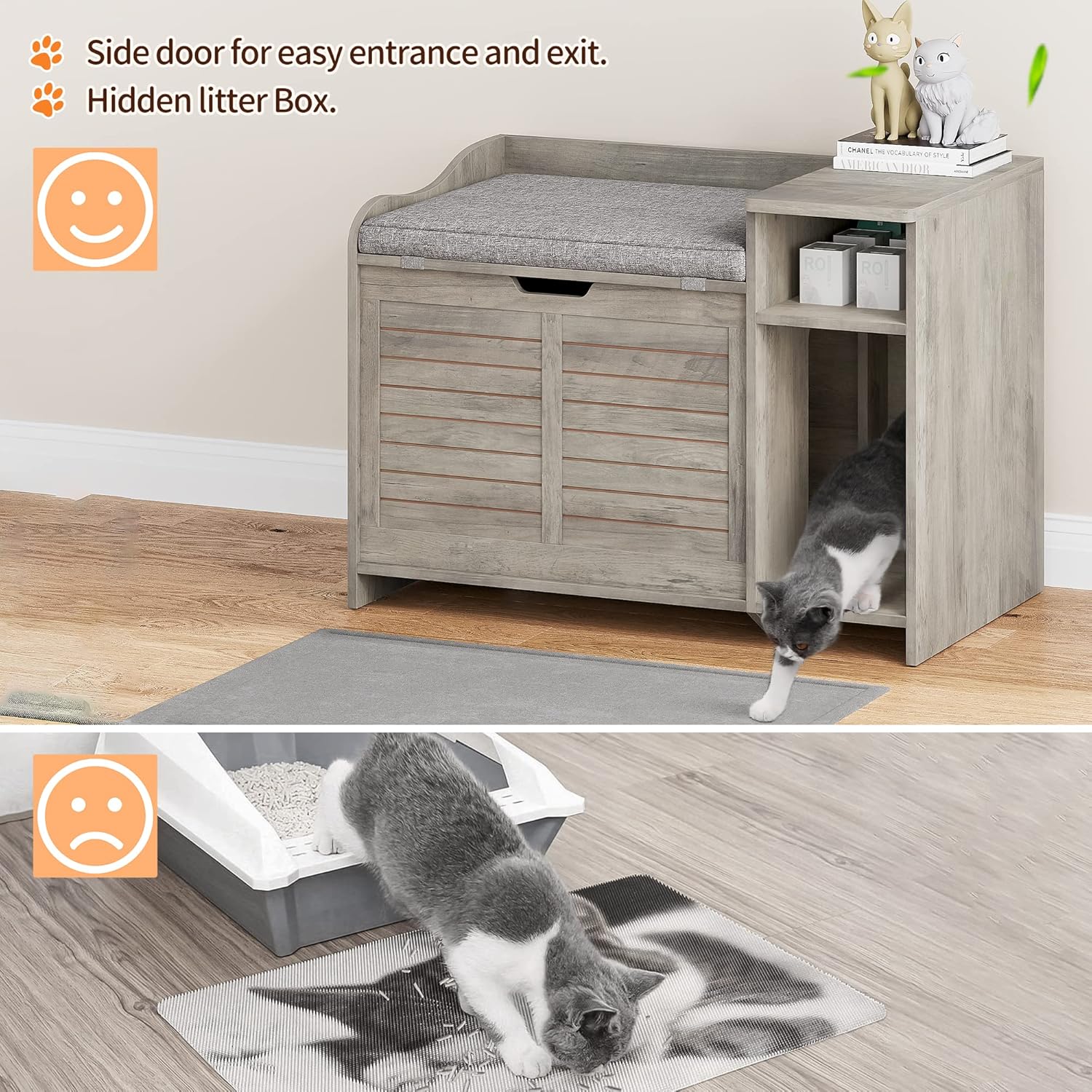 Garvee Cat Litter Box Enclosure with Cushion, Hidden Cat Litter Box Furniture, Cat Litter Box Furniture with Top Opening, Flip Top Litter Box Enclosure Cat House, Grey