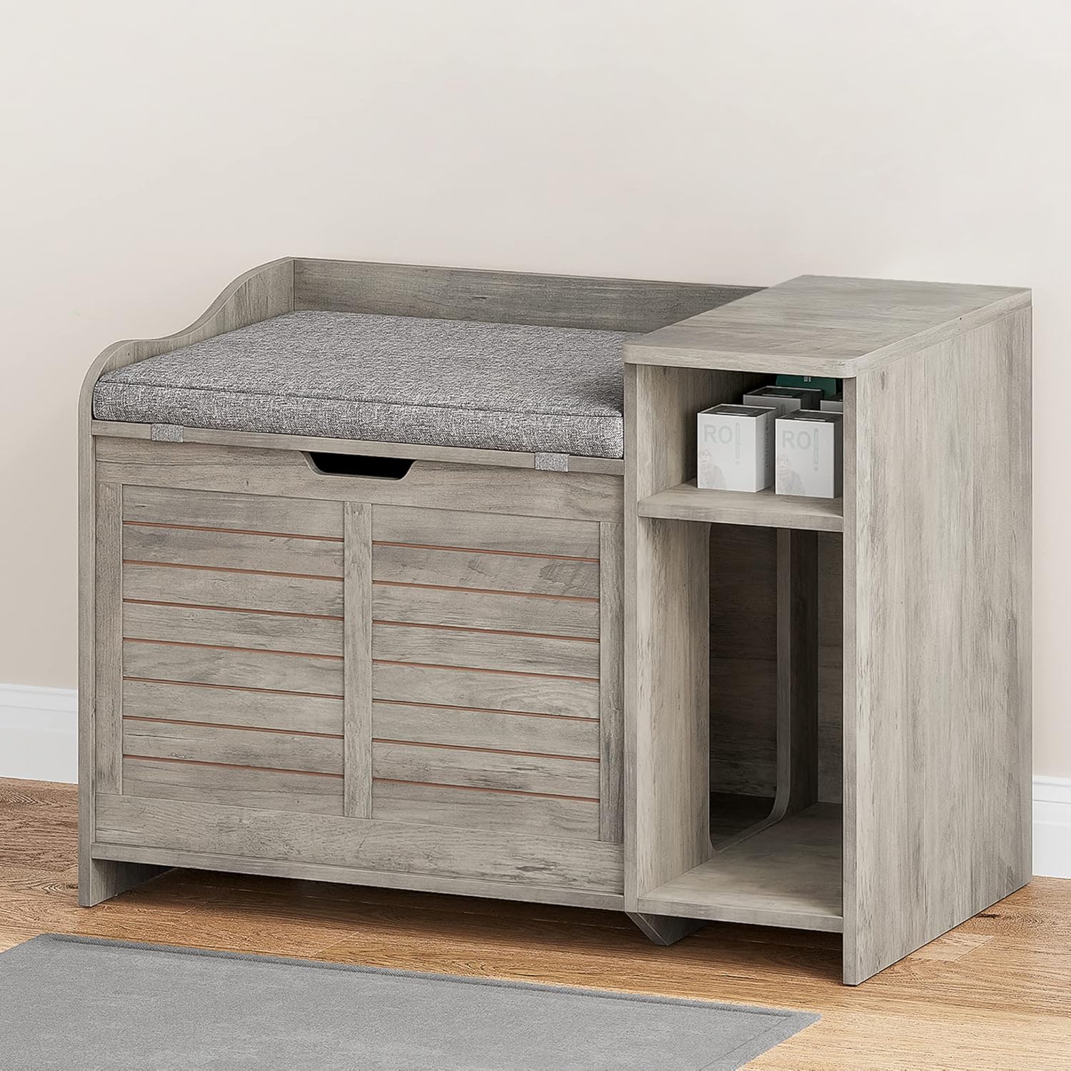 Garvee Cat Litter Box Enclosure with Cushion, Hidden Cat Litter Box Furniture, Cat Litter Box Furniture with Top Opening, Flip Top Litter Box Enclosure Cat House, Grey