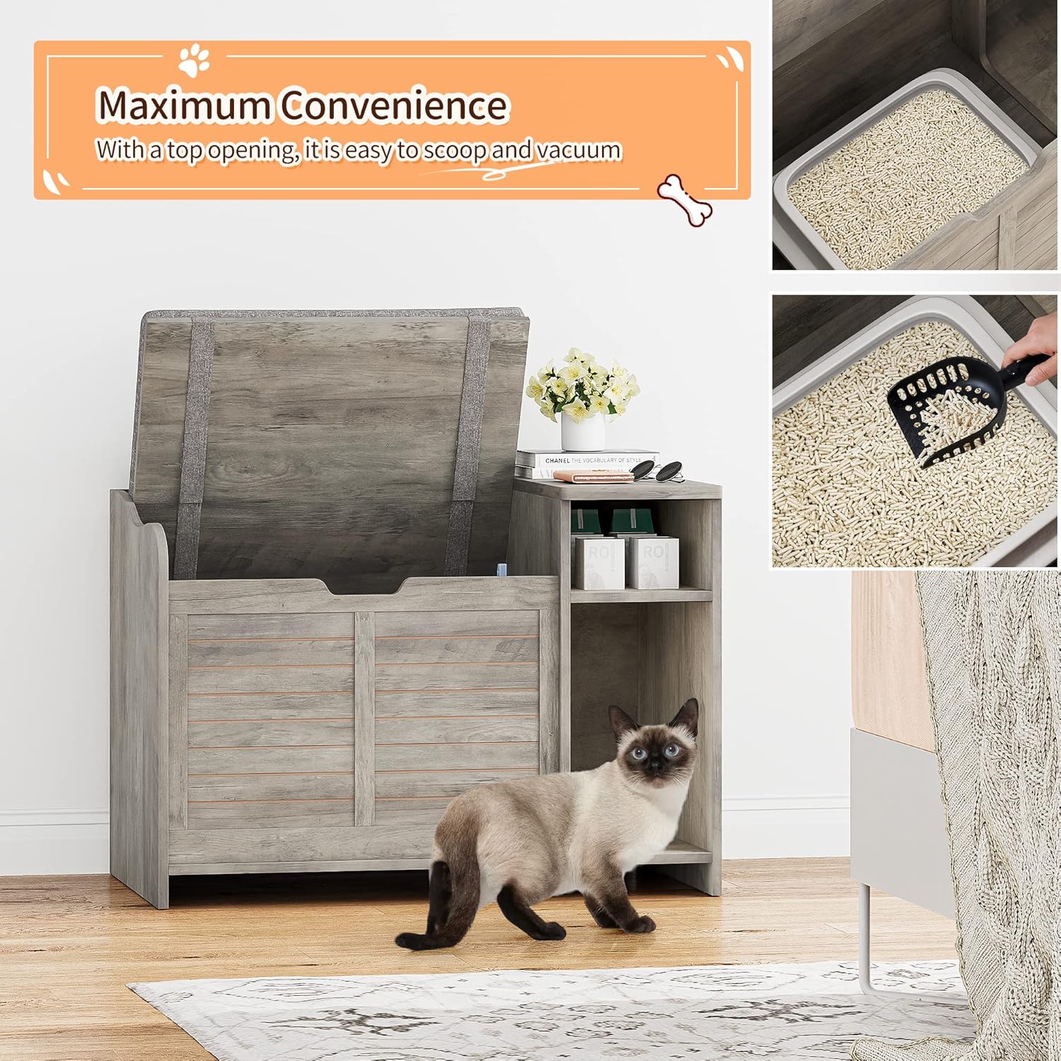 Garvee Cat Litter Box Enclosure with Cushion, Hidden Cat Litter Box Furniture, Cat Litter Box Furniture with Top Opening, Flip Top Litter Box Enclosure Cat House, Grey