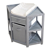 Garvee Corner Diaper Station with Pull-Out Drawer, Laundry Basket & Waterproof Pad for Infant Nursery, Compact, Pine Wood, Grey