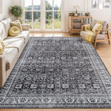 Garvee 5x7 Washable Area Rugs for Living Room, Soft Vintage Floral Large Bedroom Rug Foldable Low Pile Indoor Floor Carpet, Farmhouse Non-Slip Throw Rugs for Bedroom Dining Room, Charcoal Grey - Grey & Black