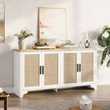 Garvee 4-Door Sideboard Buffet Cabinet Natural Rattan Storage Boho Entryway Console Table White - White