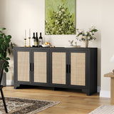 Garvee 4-Door Sideboard Buffet Cabinet Natural Rattan Storage Cabinet Boho Entryway Console Table Black