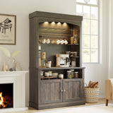 Garvee Coffee Bar Cabinet with LED Lights 72" Tall Buffet Cabinet with Storage Farmhouse Kitchen Sideboard Tall Coffee Hutch Cabinet with Microwave Stand/Wine Rack/Glass Shelf Dining Room, Dark Oak - Dark Oak + Black Sand Back