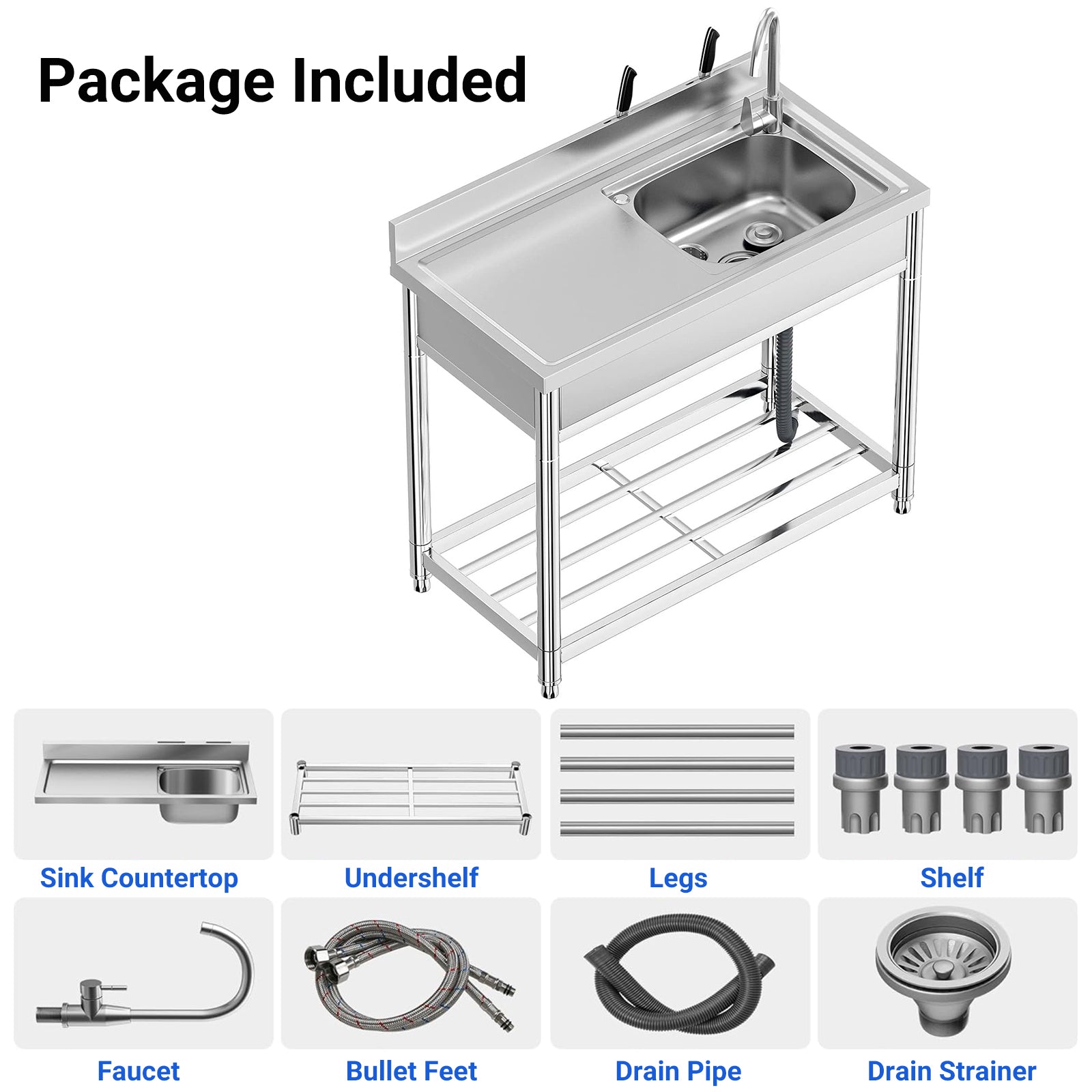 Garvee 39"W x 20"D x 37"H Freestanding Utility Sink Set - Stainless Steel Single Bowl Sink with Workbench, Storage Shelves, Faucet, and Drainboard for Restaurant, Garden, Farmhouse, Garage