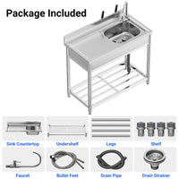 Garvee 39"W x 20"D x 37"H Freestanding Utility Sink Set - Stainless Steel Single Bowl Sink with Workbench, Storage Shelves, Faucet, and Drainboard for Restaurant, Garden, Farmhouse, Garage