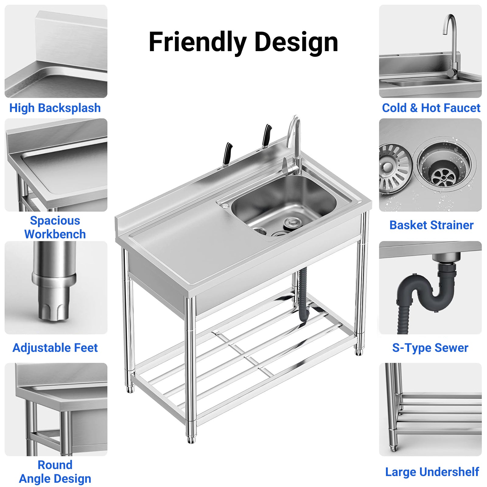 Garvee 39"W x 20"D x 37"H Freestanding Utility Sink Set - Stainless Steel Single Bowl Sink with Workbench, Storage Shelves, Faucet, and Drainboard for Restaurant, Garden, Farmhouse, Garage