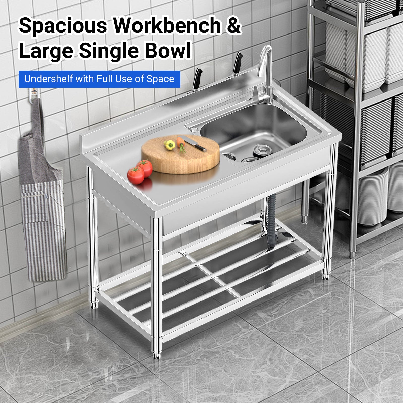 Garvee 39"W x 20"D x 37"H Freestanding Utility Sink Set - Stainless Steel Single Bowl Sink with Workbench, Storage Shelves, Faucet, and Drainboard for Restaurant, Garden, Farmhouse, Garage