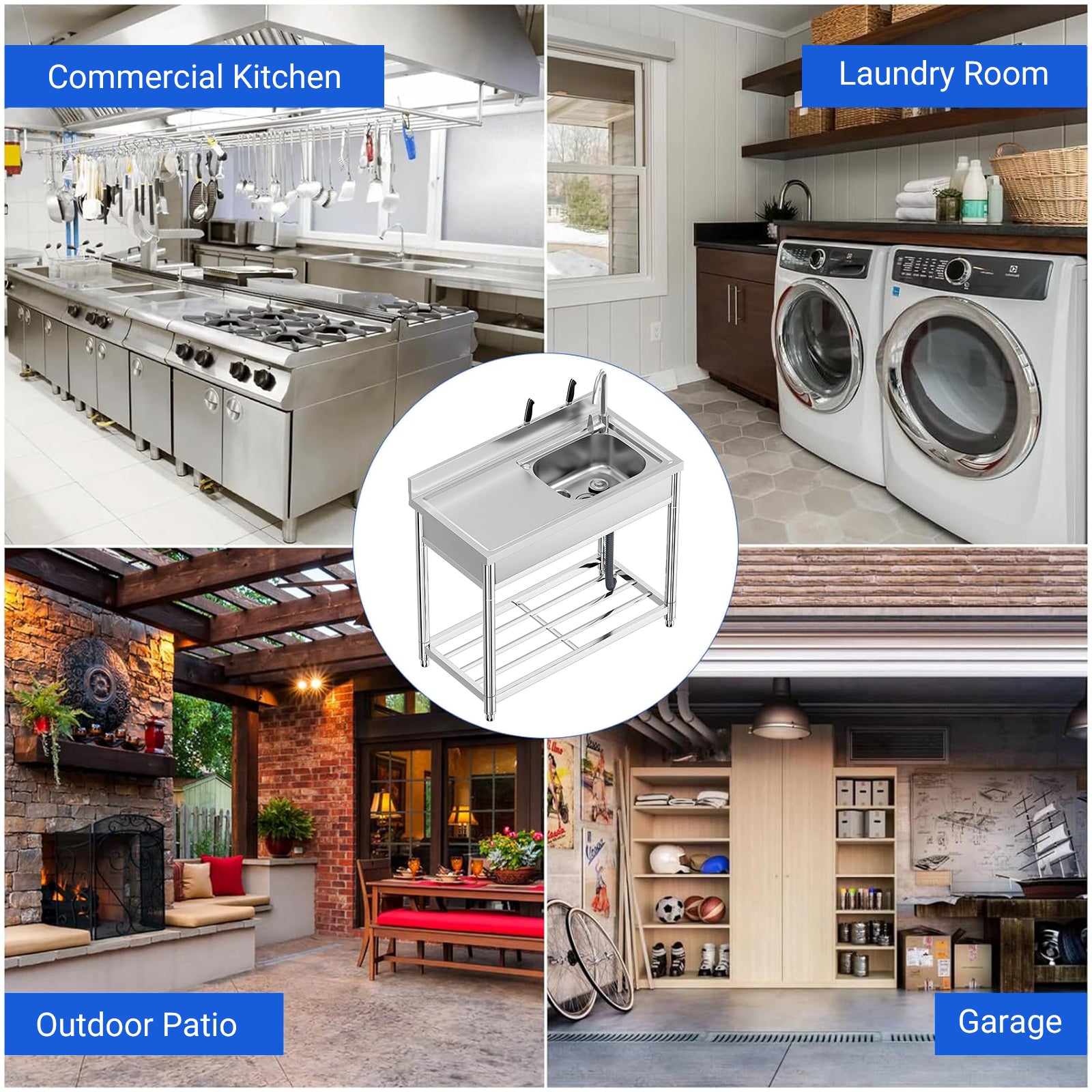 Garvee 39"W x 20"D x 37"H Freestanding Utility Sink Set - Stainless Steel Single Bowl Sink with Workbench, Storage Shelves, Faucet, and Drainboard for Restaurant, Garden, Farmhouse, Garage