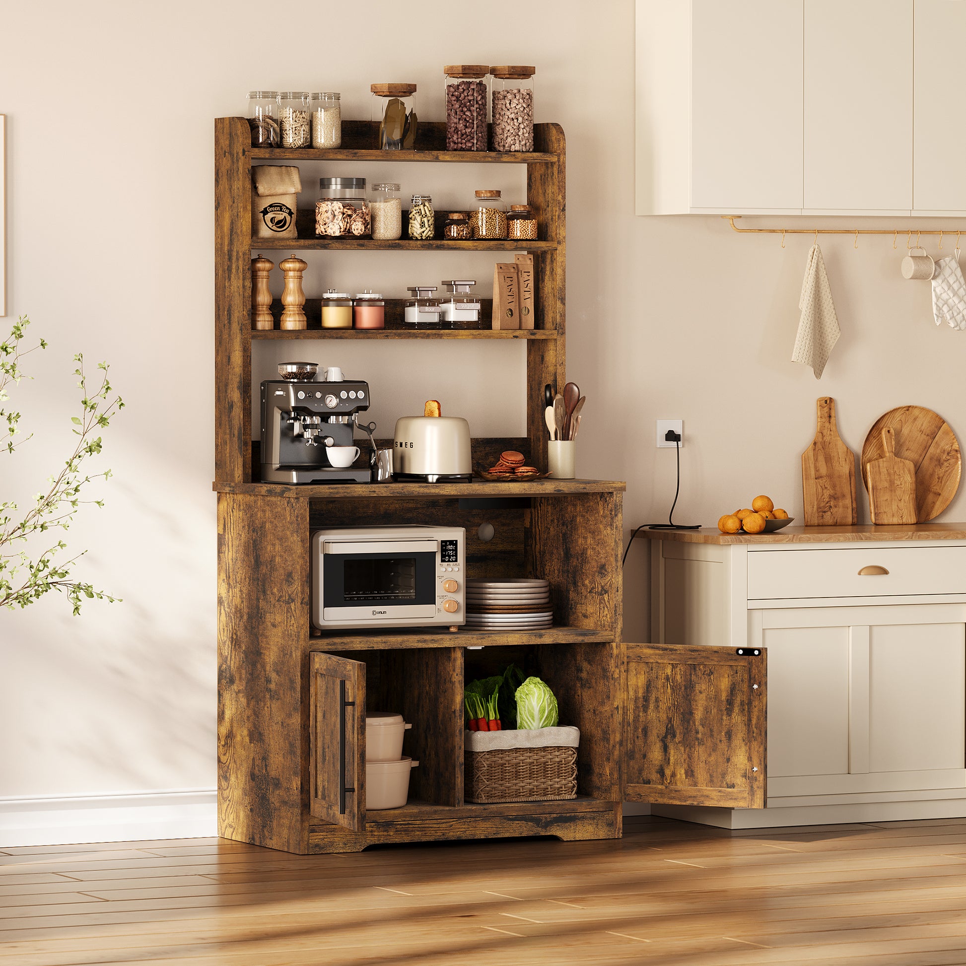 Garvee Microwave Stand Bakers Rack Cabinet With Power Outlet For Kitchen Storage 30.7"L x 15.74"W x 62.99"H Retro Brown