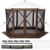 Garvee 10x10FT 6-Sided Pop Up Gazebo Tent, Waterproof UV Protected Screen Tent, Portable Camping Canopy Sun Shelter with Carry Bag, Guy Ropes & Stakes, for Camping Outdoor Party Backyard - Brown