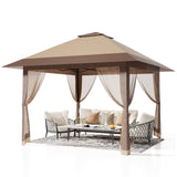 Garvee 13x13ft Pop-Up Canopy Tent with Mosquito Netting, Portable Outdoor Shelter for Lawn Garden Backyard Deck (Khaki & Dark Khaki) - Khaki