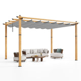 Garvee 10′ X 13′ Wood-Grain Aluminum Pergola with Retractable Canopy UV50+ Sun Protection for Backyard Patio Porch Grape Trellis,Grey - Grey