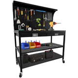 Garvee 48 in WorkBench Metal Tool Storage Bench with Pegboard 3 Drawers Power Outlet Garage Workshop Basement Black - Black