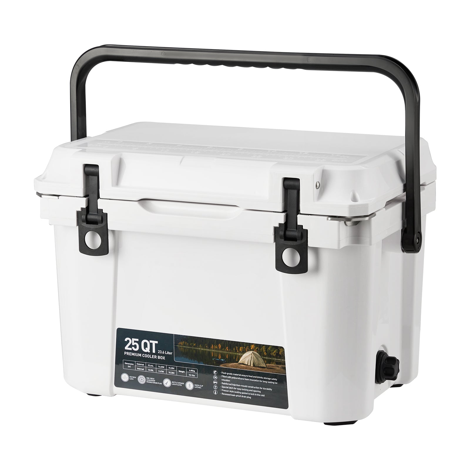 Garvee 25 Qt Portable Hard Cooler – Insulated Ice Chest with Heavy Duty Handle, 5-Day Ice Retention, Metal Cup Holder, Fish Ruler, Drain Plug, Durable Rotomolded Design for Camping, Beach, Picnic, BBQ, Fishing