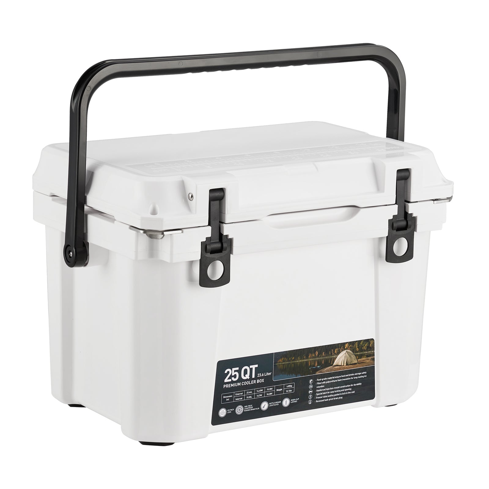 Garvee 25 Qt Portable Hard Cooler – Insulated Ice Chest with Heavy Duty Handle, 5-Day Ice Retention, Metal Cup Holder, Fish Ruler, Drain Plug, Durable Rotomolded Design for Camping, Beach, Picnic, BBQ, Fishing